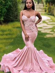Mermaid V-neck Sweep Train Silk like Satin Prom Dresses For Black girls With Appliques Lace