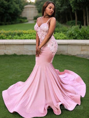 Mermaid V-neck Sweep Train Silk like Satin Prom Dresses For Black girls With Appliques Lace
