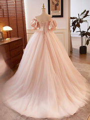 Pink Sweetheart Neck Corset Tulle Prom Dress, A-Line Off the Shoulder Sweet 16 Dress