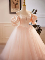 Pink Sweetheart Neck Corset Tulle Prom Dress, A-Line Off the Shoulder Sweet 16 Dress