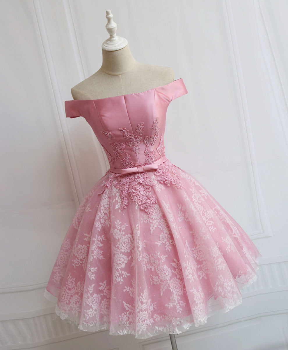 Tulle Of Shoulder Lace Short Pink Prom Dress Outfits For Women Lace Homecoming Dress