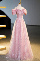 Tulle Sequins Long Prom Dress Outfits For Girls, Pink Off Shoulder Evening Dress
