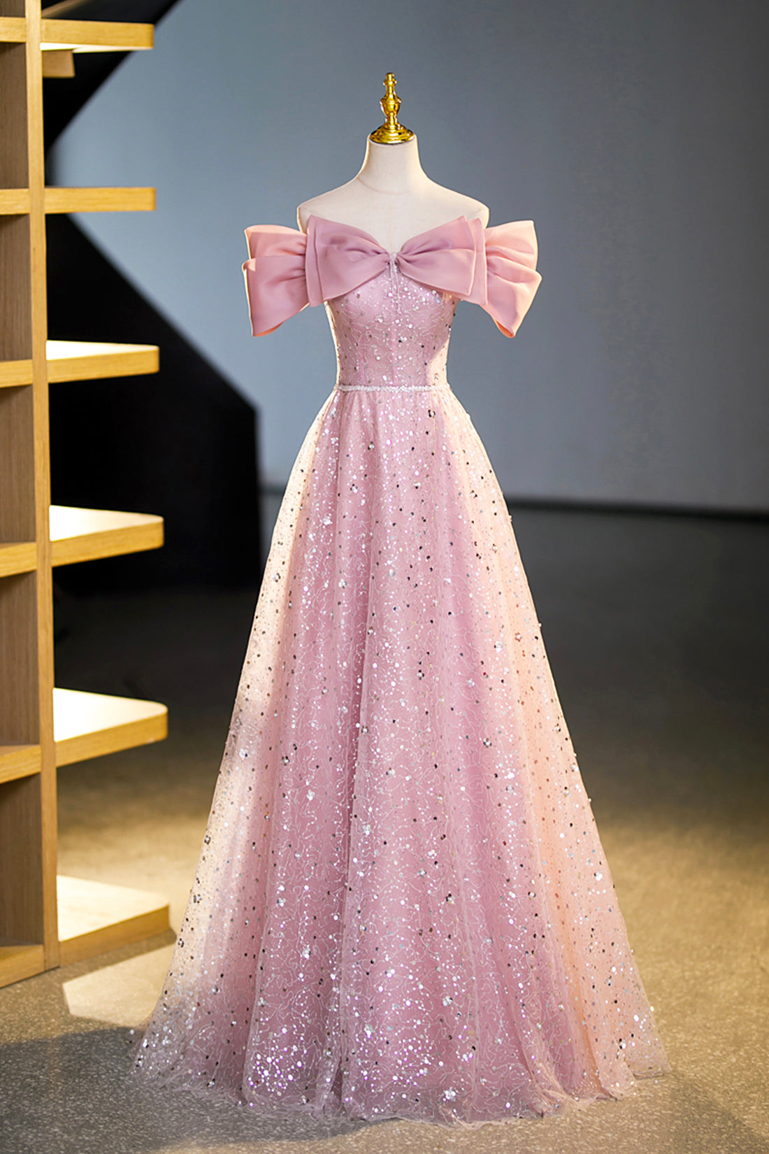Tulle Sequins Long Prom Dress Outfits For Girls, Pink Off Shoulder Evening Dress