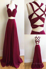 Two Pieces Burgundy Chiffon Long Prom Dresses, 2 Pieces Wine Red Long Formal Evening Dresses