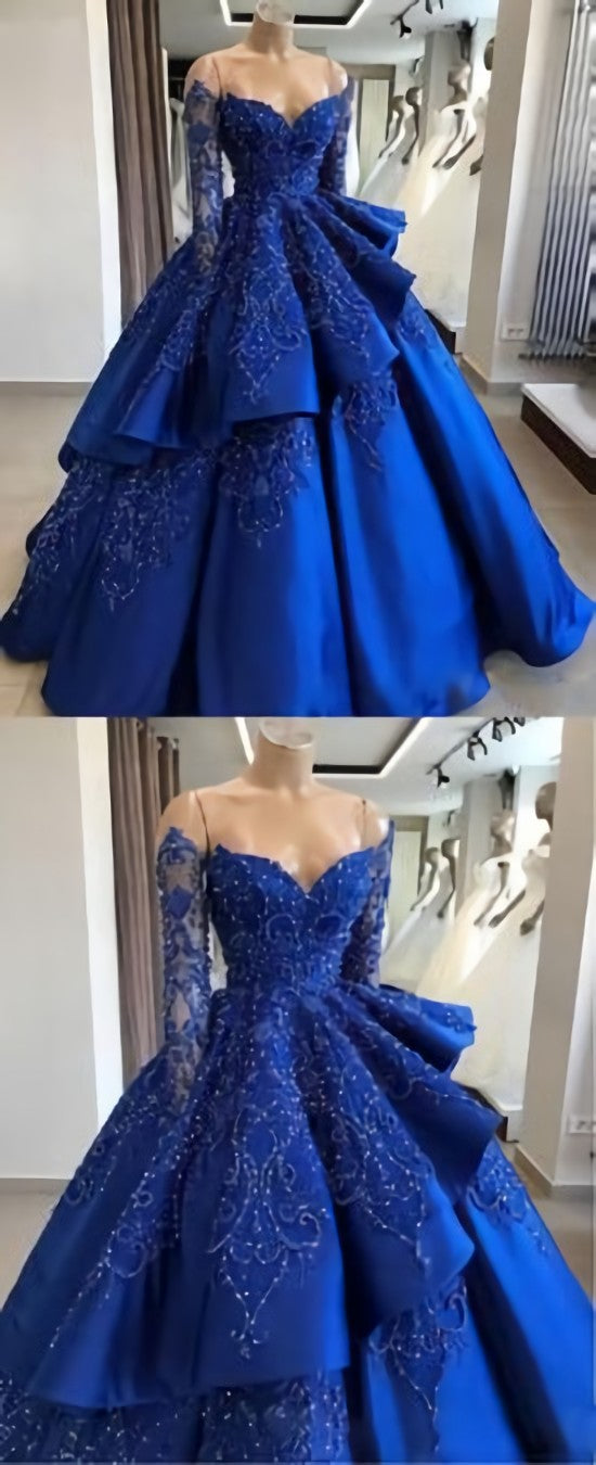 Unique blue lace long prom Dress Outfits For Girls, blue long evening dress