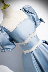 Unique Blue Satin Long Prom Dress Outfits For Girls, A-Line Short Sleeve Blue Evening Dress