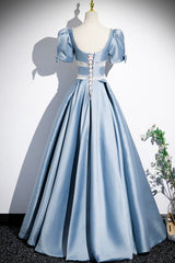 Unique Blue Satin Long Prom Dress Outfits For Girls, A-Line Short Sleeve Blue Evening Dress