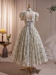 Unique Hight Neck Tulle Lace Tea Length Prom Dress Outfits For Girls, Light Green Formal Dress