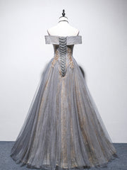 Unique Off Shoulder Tulle Long Gray Prom Dress Outfits For Girls, A line Tulle Lace Evening Dress