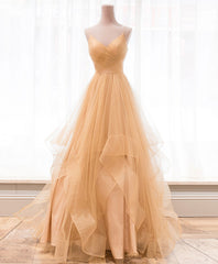 Unique V Neck Tulle A-Line Long Prom Dress Outfits For Women Tulle Formal Dress