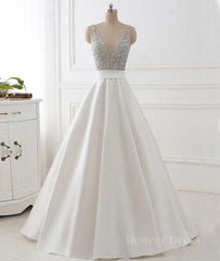 V Neck Backless White Prom Dress With Beads, V Neck Formal Dress, White Evening Dress
