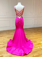 V Neck Mermaid Hot Pink Prom Dresses For Black girls For Women, Hot Pink Mermaid Backless Formal Evening Dresses