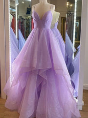 V Neck Purple Tulle Long Prom Dresses For Black girls For Women, Purple High Low Formal Evening Dresses