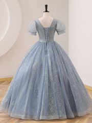 V Neck Tulle Sequin Gray Blue Long Prom Dress Outfits For Girls, Gray Blue Formal Sweet 16 Dress