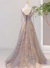 V-neckline Lace-up Champagne and Grey Long Formal Dress Outfits For Girls, Tulle Prom Dress