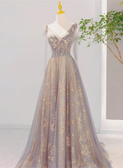 V-neckline Lace-up Champagne and Grey Long Formal Dress Outfits For Girls, Tulle Prom Dress