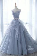 Blue Tulle Lace Long Prom Dress, A-Line Strapless Evening Gown