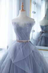 Blue Tulle Lace Long Prom Dress, A-Line Strapless Evening Gown
