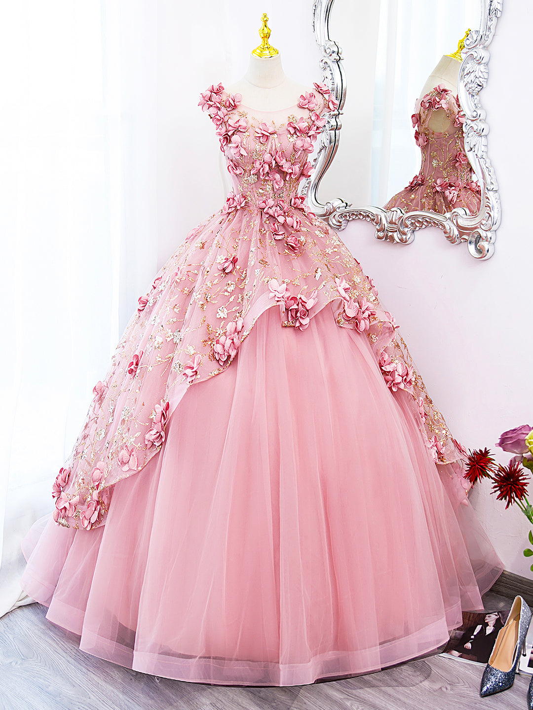 Pink Tulle Long Prom Dress with Flowers, Beautiful A-Line Sweet 16 Dress