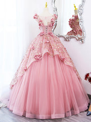 Pink Tulle Long Prom Dress with Flowers, Beautiful A-Line Sweet 16 Dress