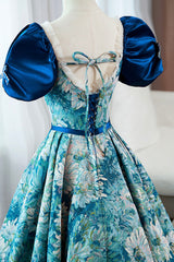 Blue Printed Long A-Line Prom Dress, Elegant Short Sleeve Formal Dress