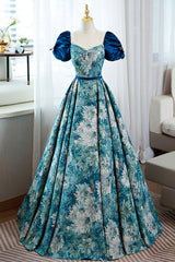 Blue Printed Long A-Line Prom Dress, Elegant Short Sleeve Formal Dress