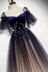 Velvet and Gradient Tulle Long Party Dress Outfits For Girls, Straps Long Evening Gown
