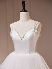 White A-Line Tulle Long Prom Dress Outfits For Girls, White Tulle Sweet 16 Dresses