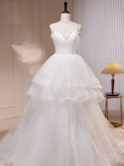 White A-Line Tulle Long Prom Dress Outfits For Girls, White Tulle Sweet 16 Dresses