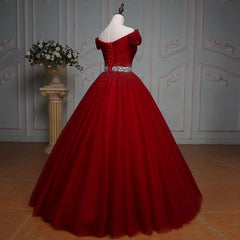 Wine Red Ball Gown Off Shoulder Beaded Party Dress Outfits For Girls, Tulle Off Shoulder Prom Dress