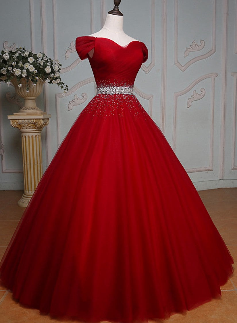 Wine Red Ball Gown Off Shoulder Beaded Party Dress Outfits For Girls, Tulle Off Shoulder Prom Dress