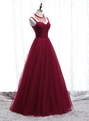Wine Red Beaded Straps Party Dress Outfits For Women Prom Dress Outfits For Girls, Beaded Tulle Formal Dress