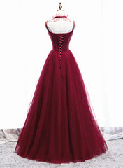Wine Red Beaded Straps Party Dress Outfits For Women Prom Dress Outfits For Girls, Beaded Tulle Formal Dress