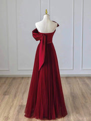 Wine Red Satin and Tulle A-line Simple Prom Dress Outfits For Girls, Floor Length Party Dress