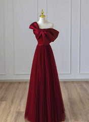 Wine Red Satin and Tulle A-line Simple Prom Dress Outfits For Girls, Floor Length Party Dress