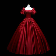 Wine Red Satin Beaded Ball Gown Sweet 16 Dress Outfits For Girls, Wine Red Evening Formal Dress