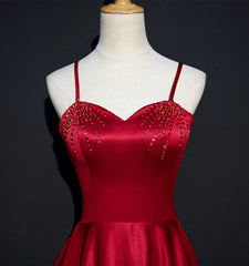 Wine Red Satin Beaded Sweetheart Party Dress Outfits For Girls, A-line Wine Red Prom Dress