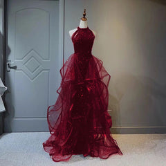 Wine Red Sequins and Tulle Halter Long Prom Dress Outfits For Girls, Wine Red Evening Dress