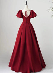 Wine Red Short Sleeves A-line Floor Length Party Dress Outfits For Girls, Long Prom Dress