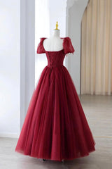 Wine Red Short Sleeves Beaded Long Prom Dress Outfits For Girls, Wine Red Sweetheart Party Dress