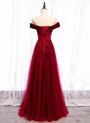 Wine Red Velvet and Tulle Long Prom Dress Outfits For Girls, A-line Wine Red Floor Length Prom Dress