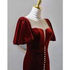 Wine Red Velvet Long Round Neckline Party Dress Outfits For Girls, Wine Red Prom Dresses