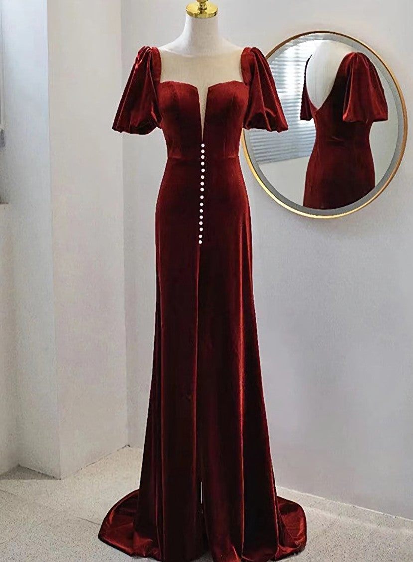 Wine Red Velvet Long Round Neckline Party Dress Outfits For Girls, Wine Red Prom Dresses