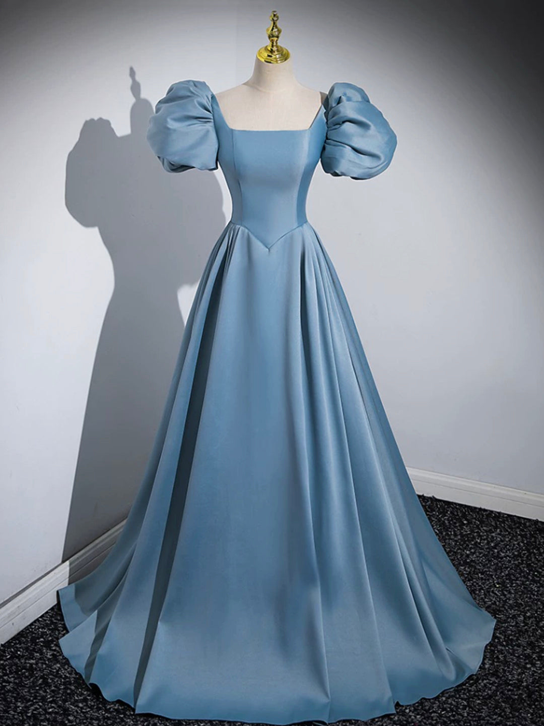 Blue Puff Sleeve Satin Floor Length Prom Dress, Blue A-Line Evening Party Dress