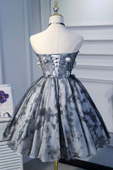 Gray Short Strapless Tulle Prom Dress, Cute A-Line Party Dress