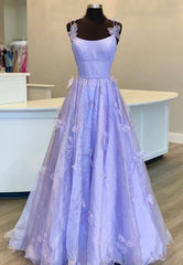 Purple Tulle Long A-Line Prom Dresses, Pink Evening Dresses