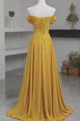 Yellow Chiffon Long A-Line Prom Dress Outfits For Girls, Simple Yellow Evening Dress Outfits For Women with Slit