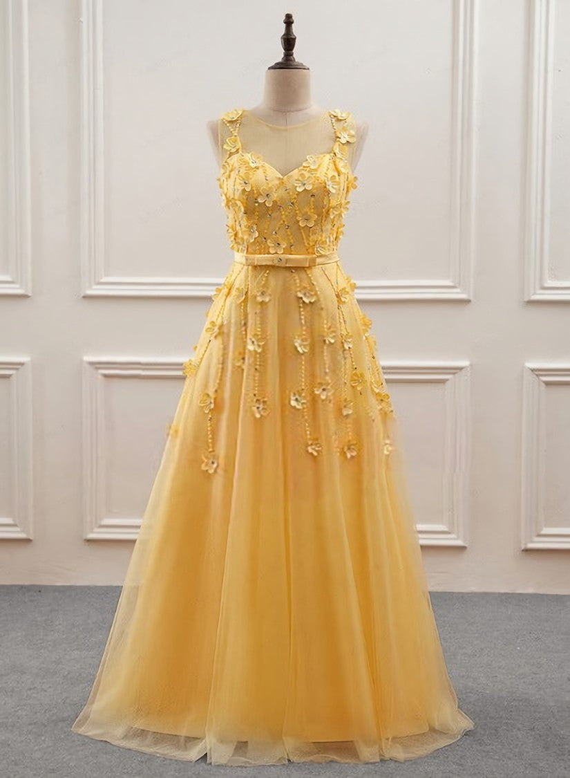 Yellow Flowers Tulle Long New Prom Dress Outfits For Girls, A-line Party Dress