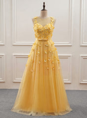 Yellow Flowers Tulle Long New Prom Dress Outfits For Girls, A-line Party Dress