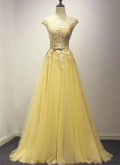 Yellow Long Prom Dress Outfits For Girls, A-line Round Neckline Formal Dress